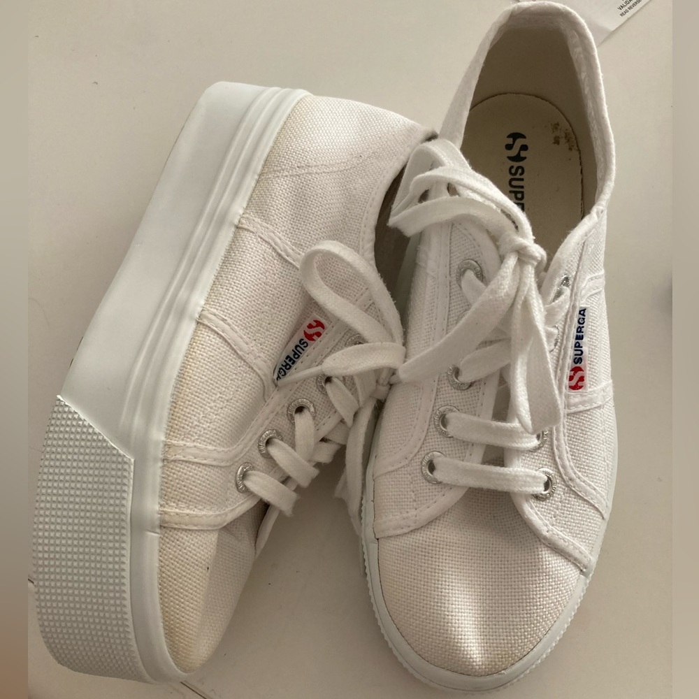Superga Shoes Women 6.5 White Platform Sneakers Lace Up Low Top Canvas Casual
